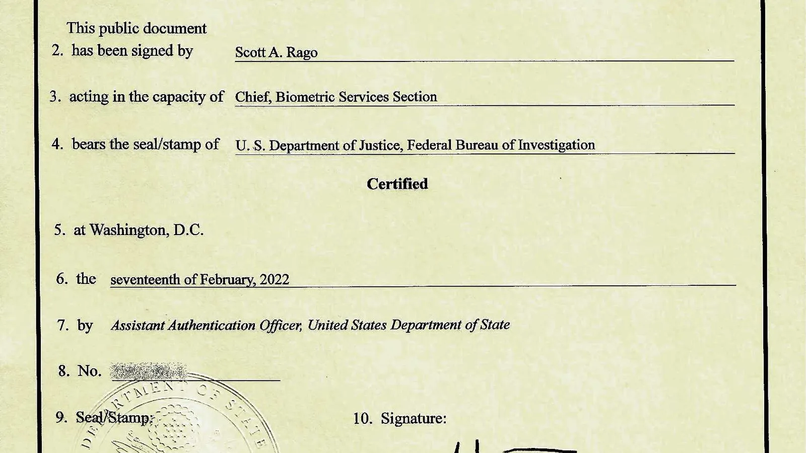 A US Department of State apostille certificate attached to an FBI background check, with the embossed seal and the Hague Convention heading