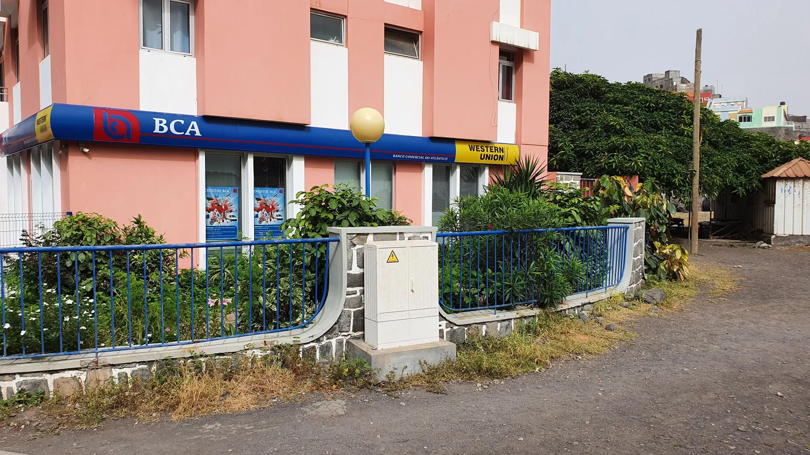 BCA bank branch with a Western Union sign in Ribeira Grande, Cabo Verde, a cash-pickup point for transfers from Portugal