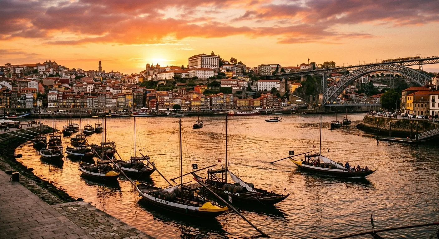 Vinhedos em socalcos à beira do rio Douro ao entardecer, com quintas históricas de pedra na paisagem do Vale do Douro