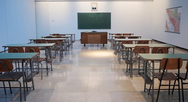 Classroom with desks and chalkboard representing schools in Portugal for expats