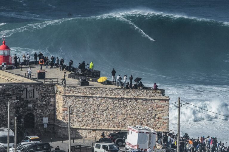 Surfer riding a giant wave at Praia do Norte, one of the best surf beaches in Portugal, watched from the Nazare lighthouse fort