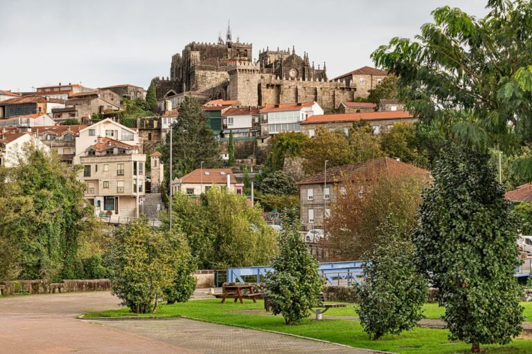Tui cathedral fortress above the old town in Galicia, seen from the Minho river near Valenca Portugal
